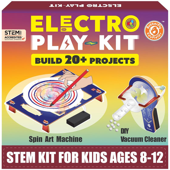 Electro Play Kit packaging with images of a spin art machine and vacuum cleaner, and text about building projects and target age group.