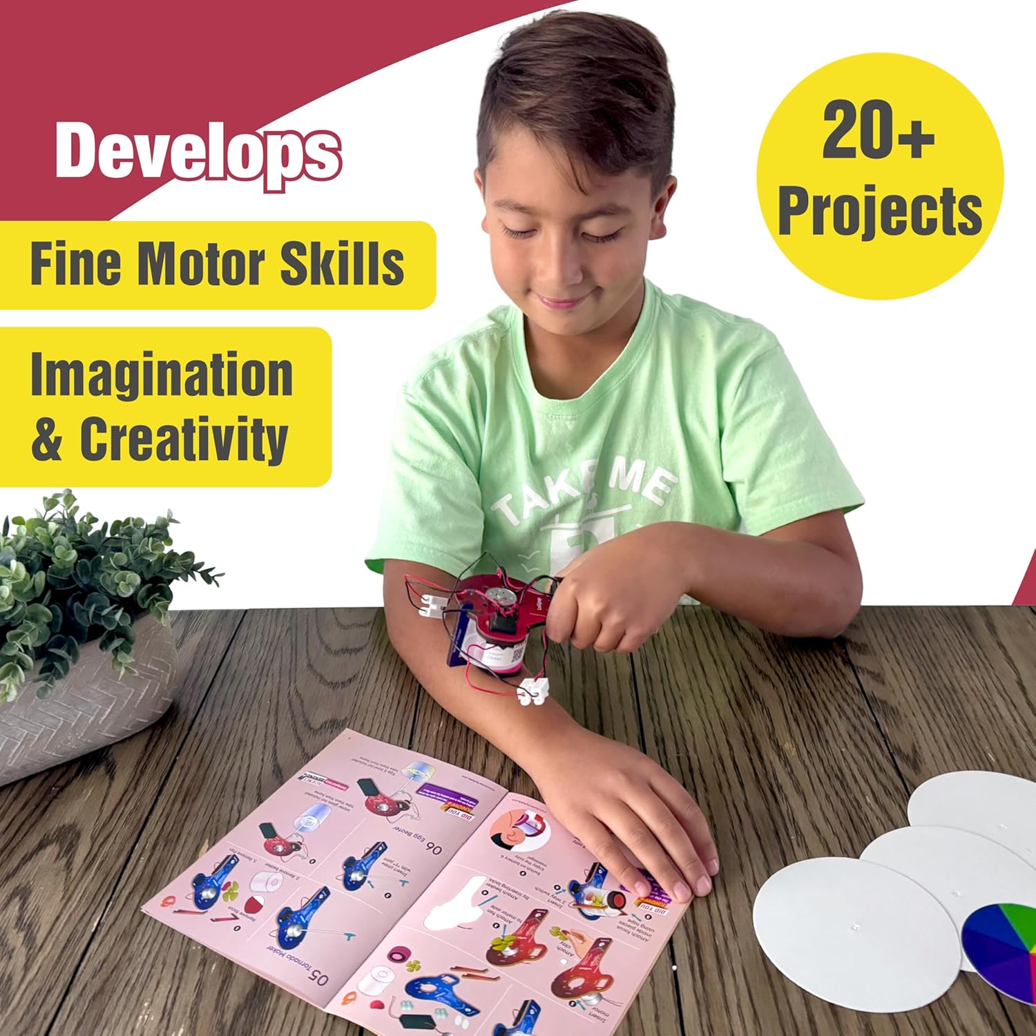 Child working on a science project with text highlighting skills developed and number of projects.