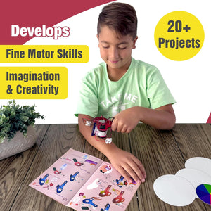 Child working on a science project with text highlighting skills developed and number of projects.