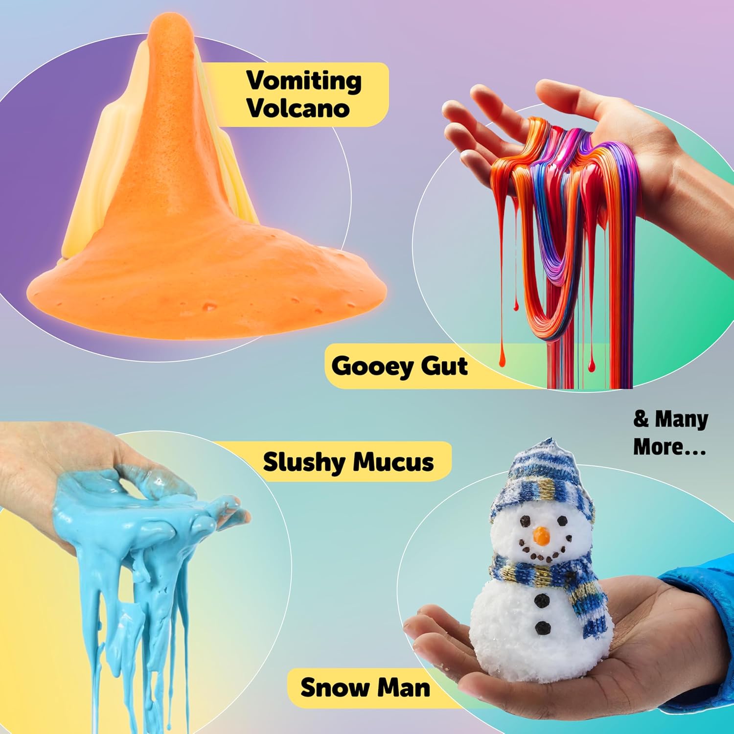 Collage of slime and snowman activities with labeled examples on a colorful background.