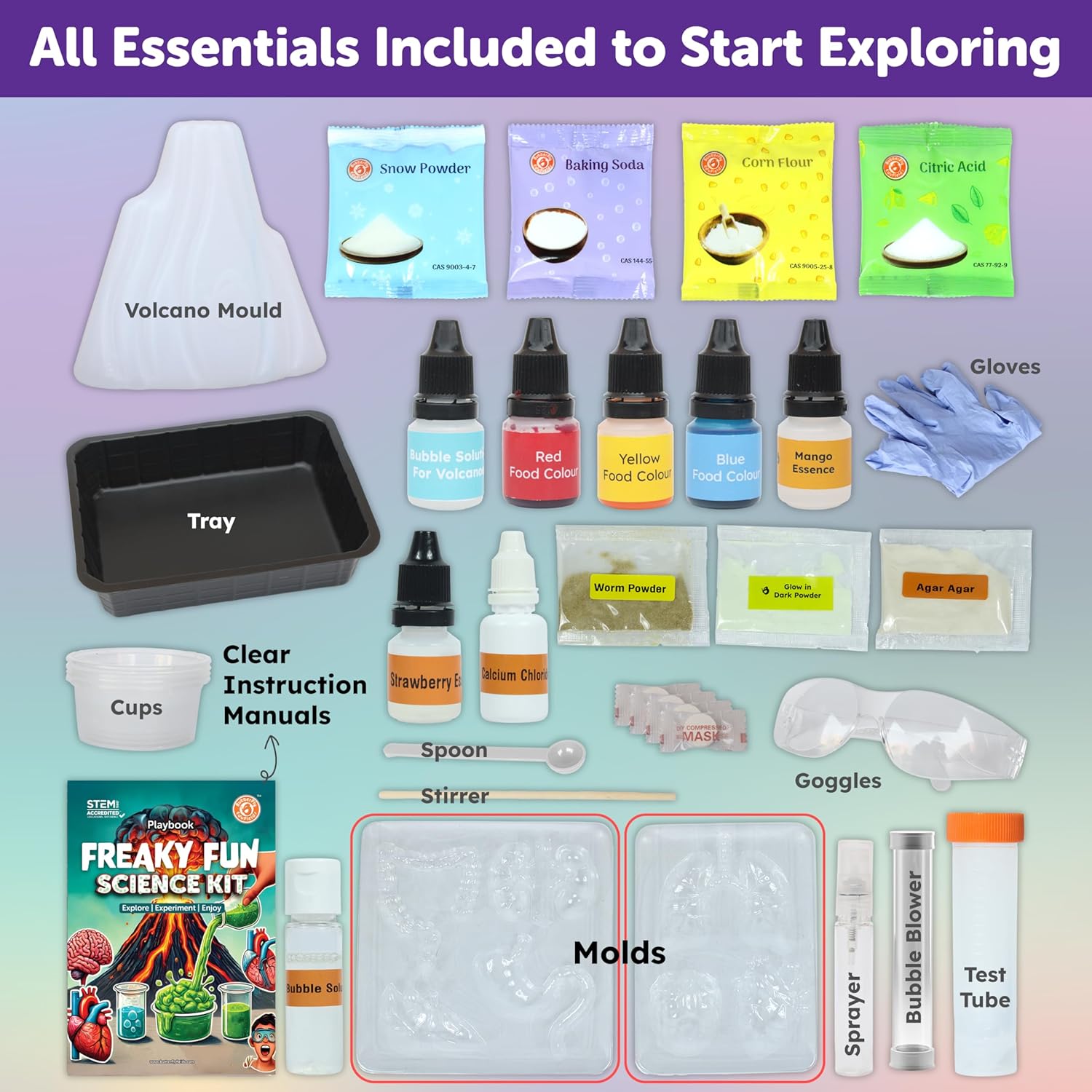 Science kit with various components including molds, bottles, and tools on a gradient background