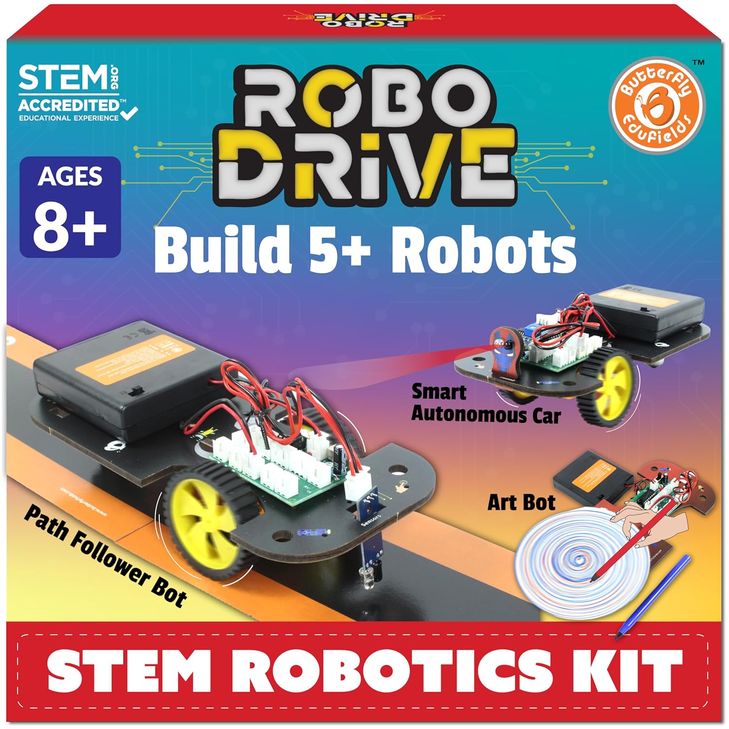 Robo Drive STEM Robotics Kit packaging with images of robots and text on a colorful background.  Butterfly EduFields Robo Drive 5in1 STEM Robotics kit available at go science image 1
