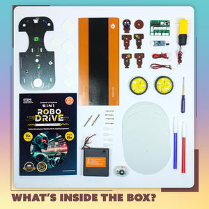 Robotic parts and components on a white mat with '5-in-1 Robo Drive' kit visible. Butterfly EduFields Robo Drive 5in1 STEM Robotics kit available at go science image 6