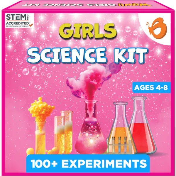 Girls Science Kit packaging with colorful experiment images on a pink background.Butterfly Edu Fields Girls Science Kit ages 4-8 available at Go Science_image 01
