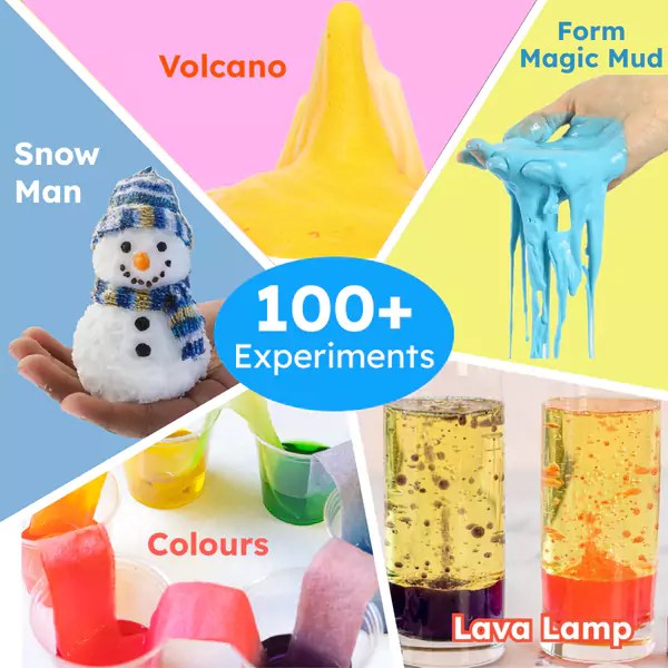 Collage of science experiment activities including volcano, magic mud, snowman, colors, and lava lamp. Butterfly Edu Fields Girls Science Kit ages 4-8 available at Go Science_image 03