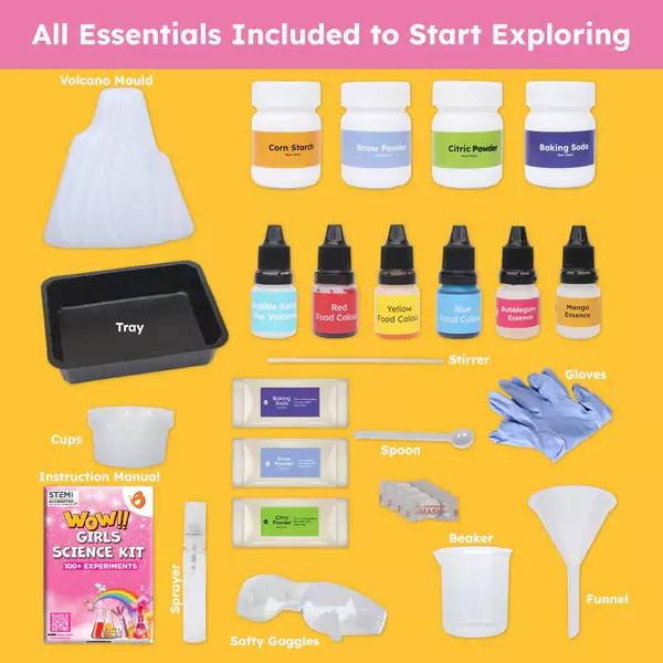 Science kit with labeled components on a yellow background. Butterfly Edu Fields Girls Science Kit ages 4-8 available at Go Science_image 05