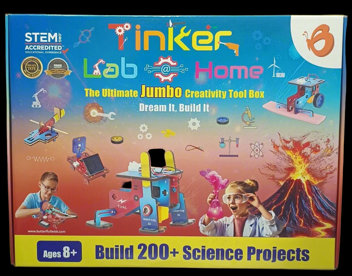 Tinker Lab @ Home creativity tool box packaging with colorful graphics and text.