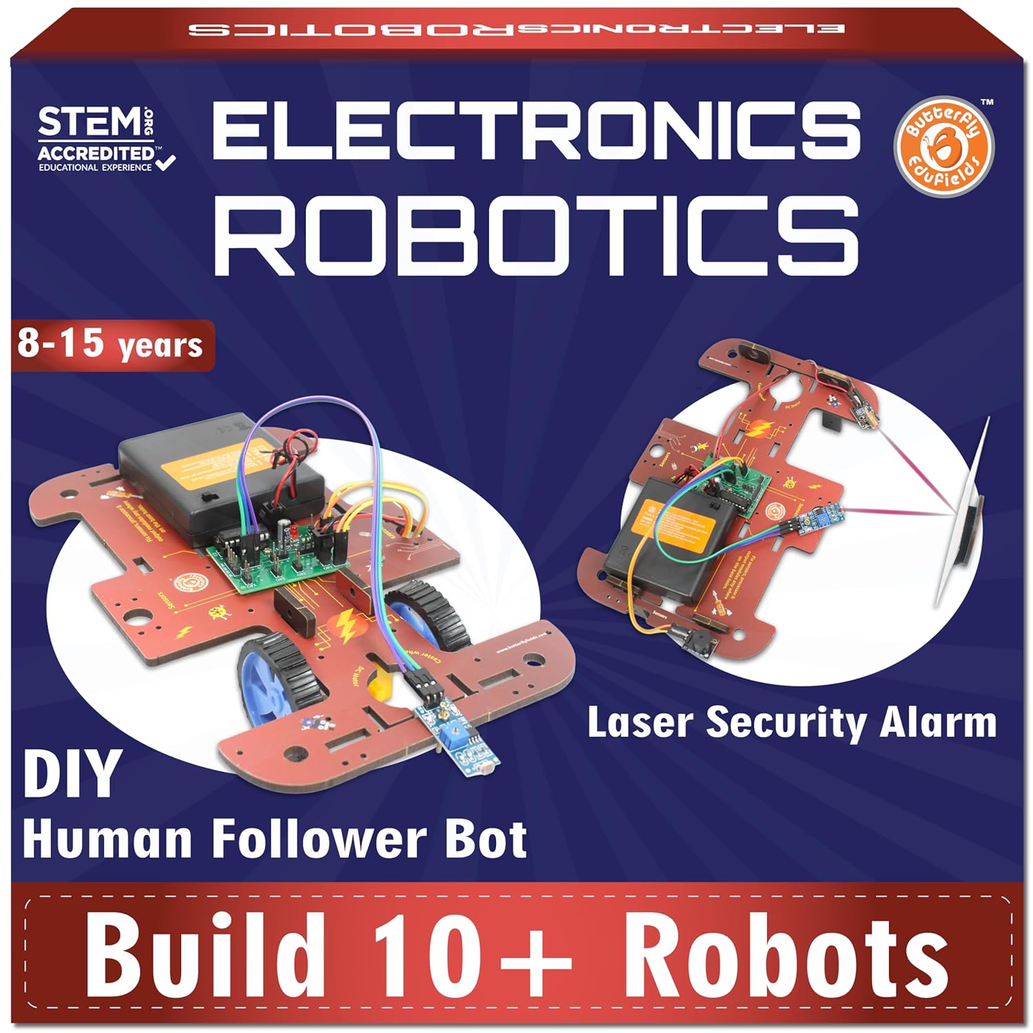 Electronics robotics kit packaging with laser security alarm and human follower bot on a blue and red background. Butterfly Edufields10-in-1 Electronics Robotics Kit available at Go Science image 
