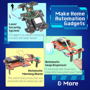 Home automation gadgets including laser security system, automatic soap dispenser, and morning alarm on a blue background. Butterfly Edufields10-in-1 Electronics Robotics Kit available at Go Science image 4