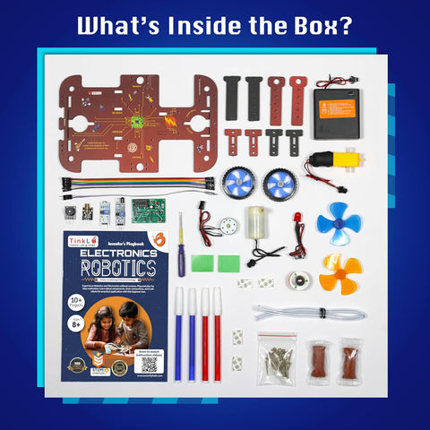 Educational electronics robotics kit with components and a book on a white background. Butterfly Edufields10-in-1 Electronics Robotics Kit available at Go Science image 5