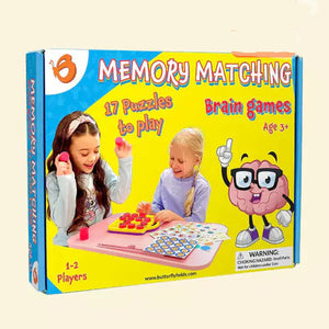 Memory matching game box for ages 3-5 with two children playing and a cartoon brain on the cover on go science website. Butterfly Edufields Memory Matching Puzzle Brain Games_product_image_1_goscience