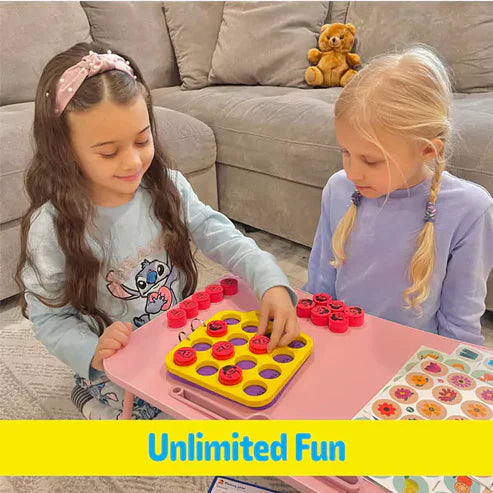 Two children playing with a colorful educational game  Memory Match on a pink table. Butterfly Edufields Memory Matching Puzzle Brain Games_product_image_3_goscience