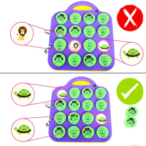 Purple toy with green buttons featuring cartoon faces, labeled with correct and incorrect answers. Butterfly Edufields Memory Matching Puzzle Brain Games_product_image_5_goscience