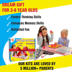 Children playing with a memory matching game set on a colorful background with text about the product's benefits and popularity. Butterfly Edufields Memory Matching Puzzle Brain Games_product_image_6_goscience