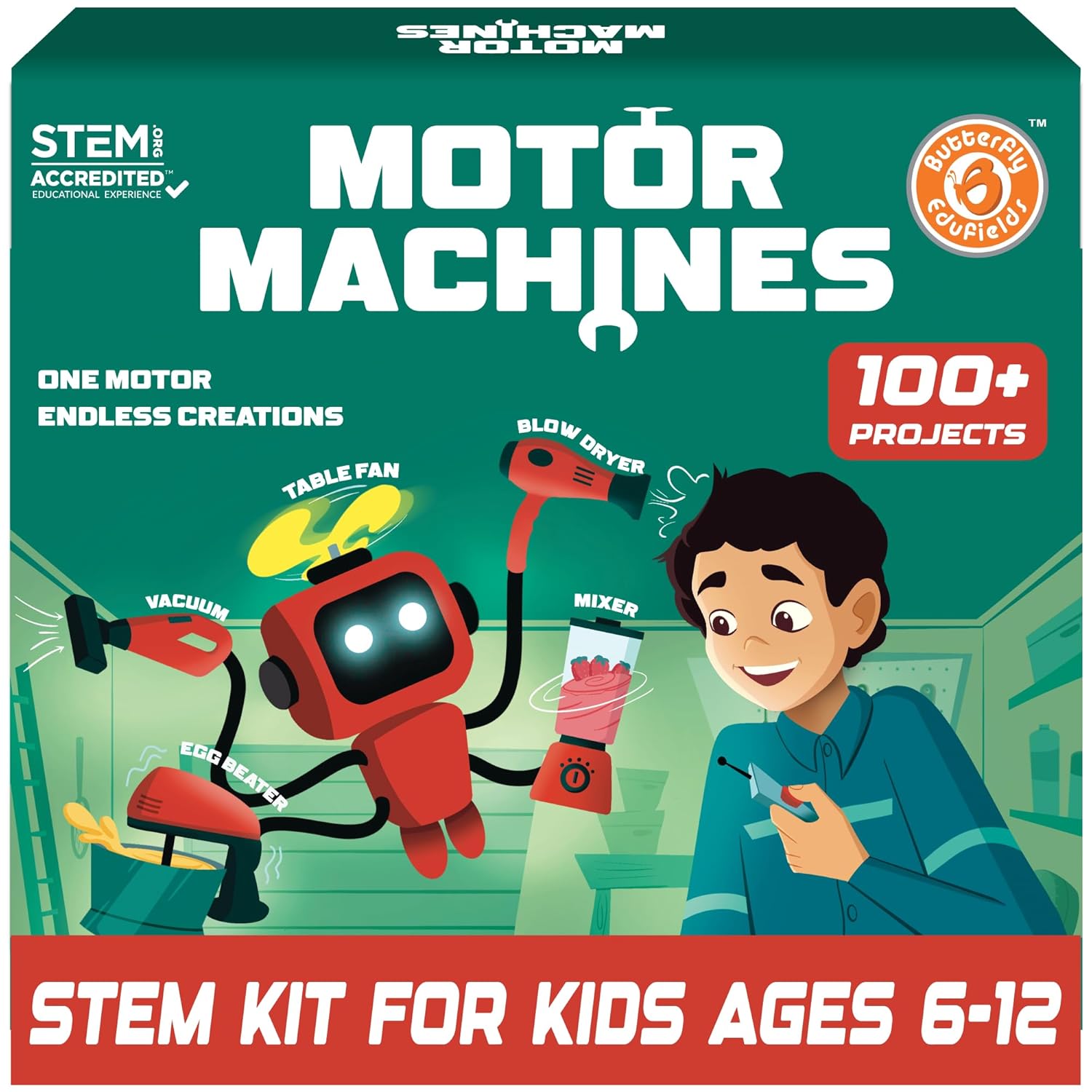 Box of 'Motor Machines' STEM kit for kids with illustrations and text on a green background on go science website. Butterfly Edufields Motor Machines 100+ Projects kit_product image 1_goscience