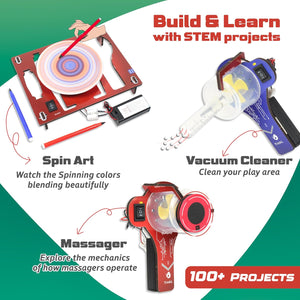 Educational STEM project kit with spin art, vacuum cleaner, and massager models on a green and white background on go science website. Butterfly Edufields Motor Machines 100+ Projects kit_product image 2_goscience