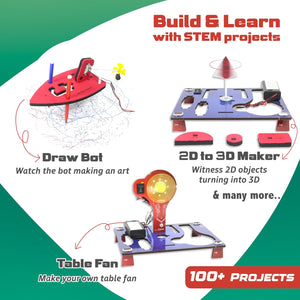 STEM project kit with draw bot, 2D to 3D maker, and table fan on a green and white background on go science website. Butterfly Edufields Motor Machines 100+ Projects kit_product image 3_goscience