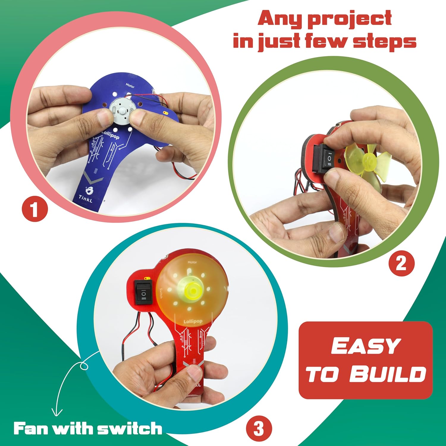 Step-by-step guide on building a project with hands holding components and a finished product. Butterfly Edufields Motor Machines 100+ Projects kit_product image 4_goscience
