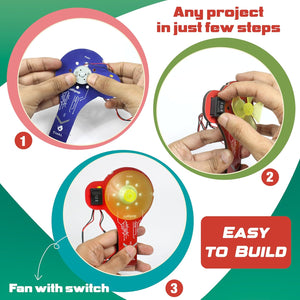 Step-by-step guide on building a project with hands holding components and a finished product. Butterfly Edufields Motor Machines 100+ Projects kit_product image 4_goscience