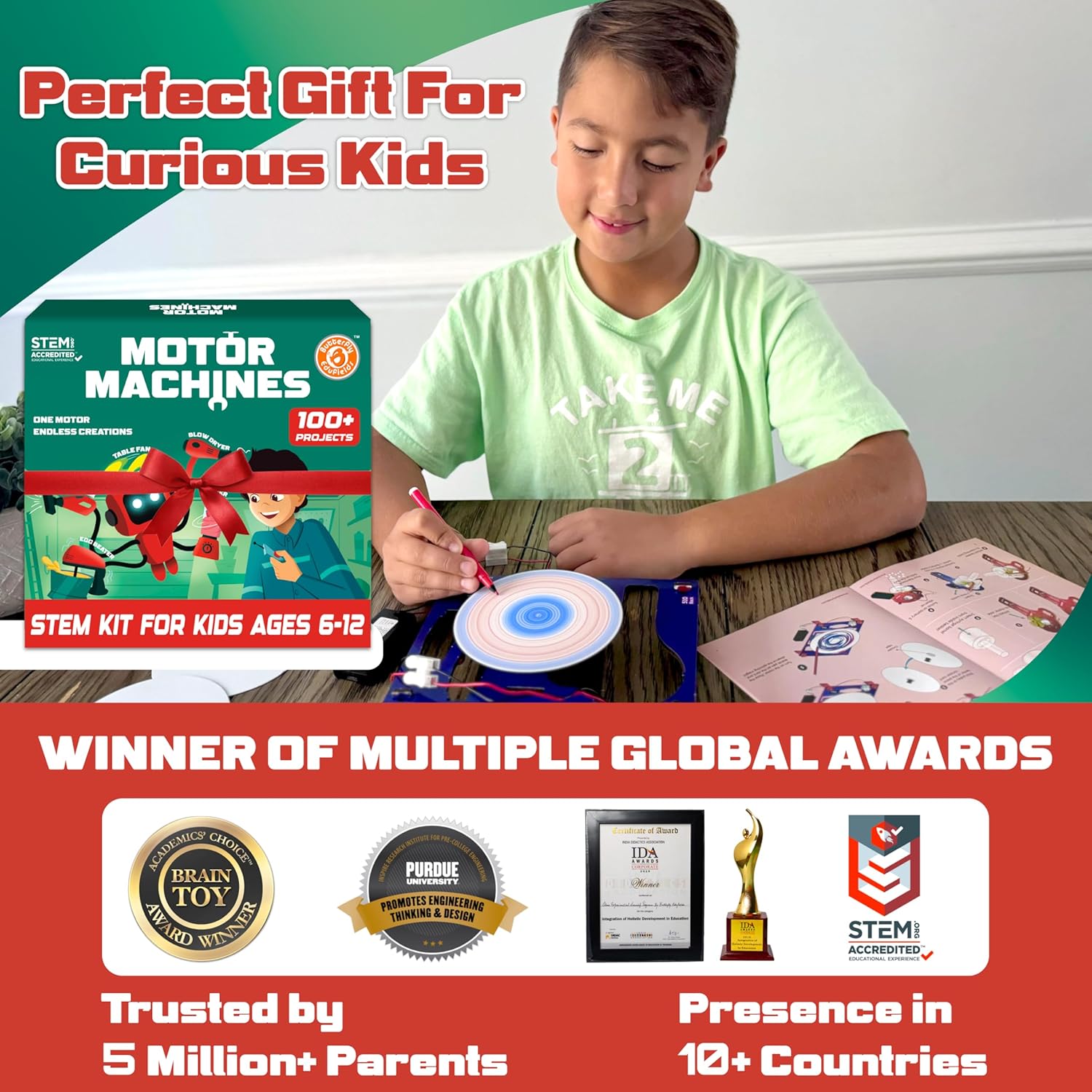 Child playing with a STEM kit for kids titled 'Motor Machines' on a table on go science website . Butterfly Edufields Motor Machines 100+ Projects kit_product image 5_goscience