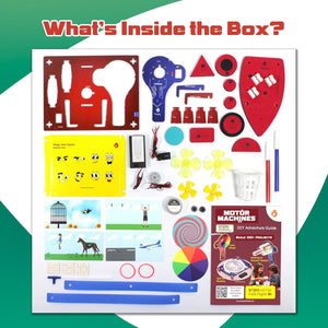 Educational toy set with various components and a guide on a white background. Butterfly Edufields Motor Machines 100+ Projects kit_product image 6_goscience