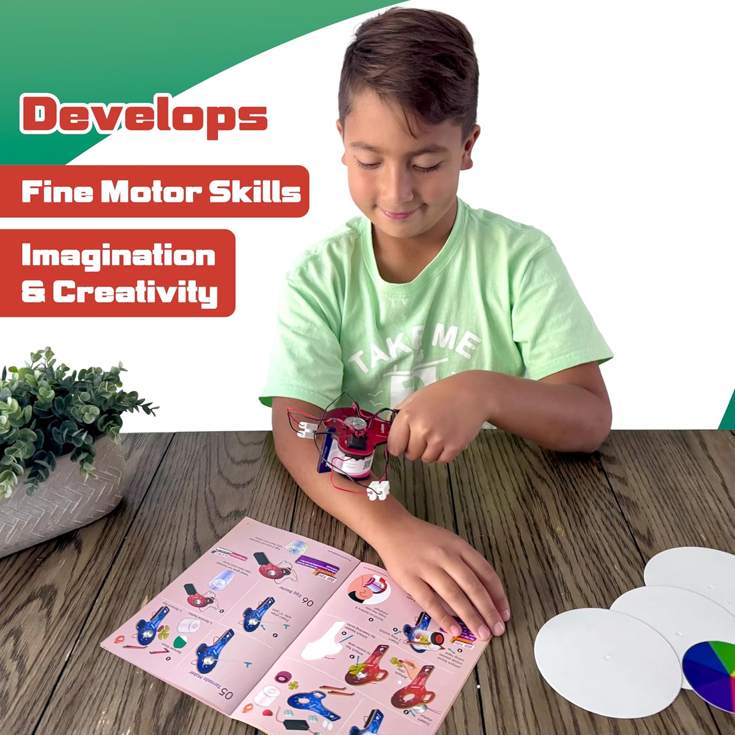 Child playing with a toy at a table, surrounded by educational materials, with text highlighting skills developed. Butterfly Edufields Motor Machines 100+ Projects kit_product image 7_goscience