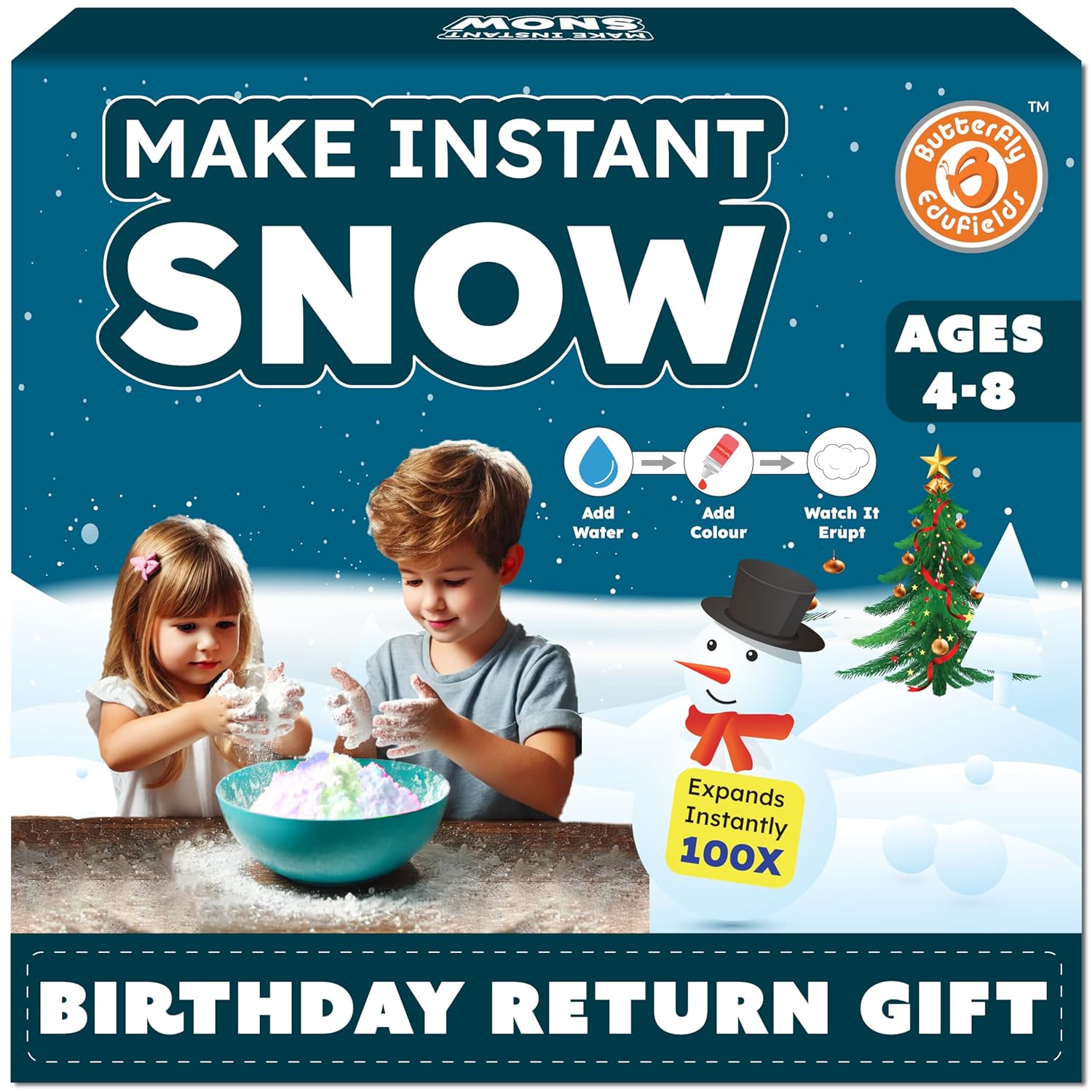 Box of 'Make Instant Snow' kit with children playing and snowman. Butterfly Edufields Snow Magic Science Kit available at Go Science image 1