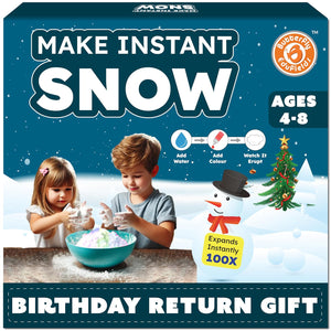Box of 'Make Instant Snow' kit with children playing and snowman. Butterfly Edufields Snow Magic Science Kit available at Go Science image 1