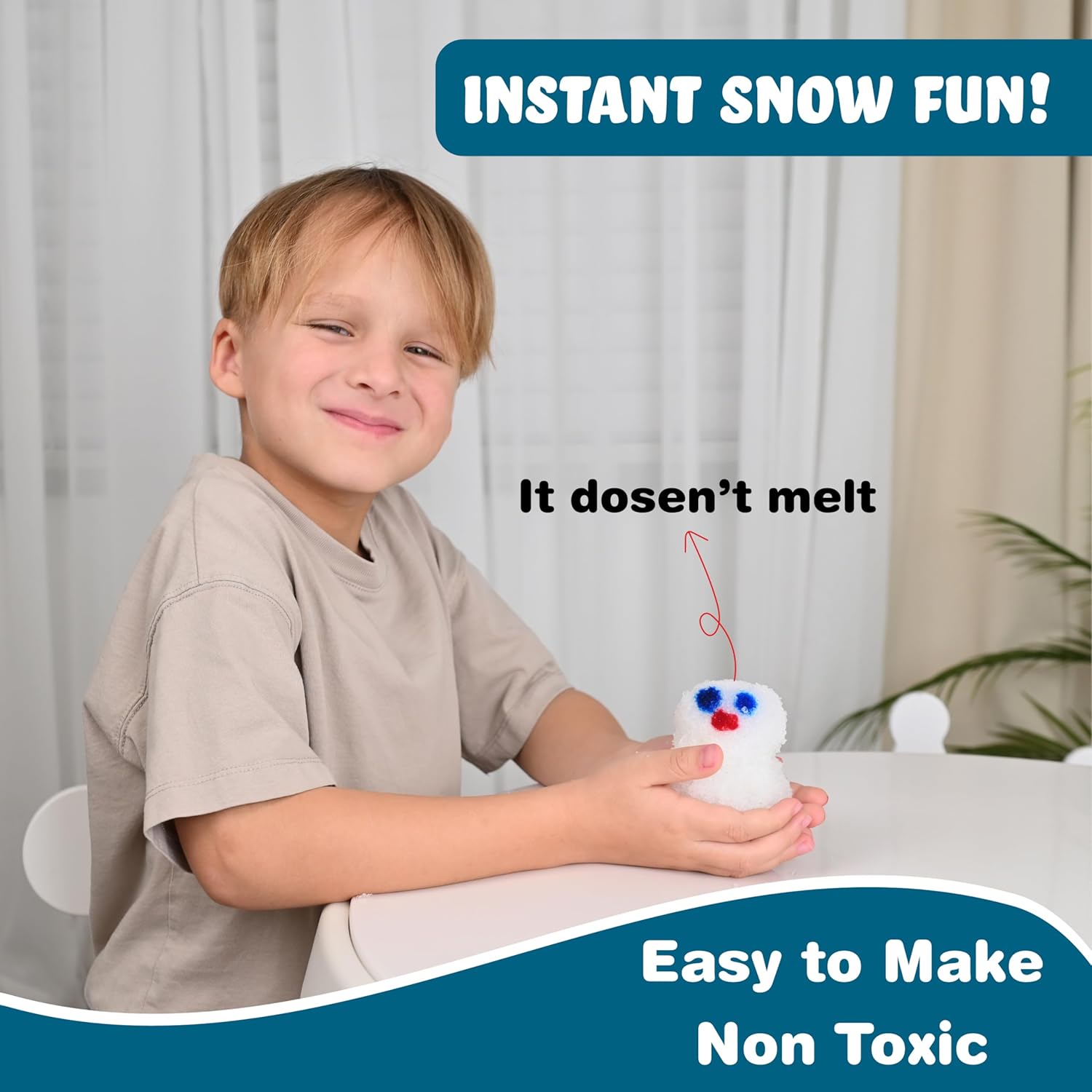 Child holding a toy with text about instant snow fun, non-toxic nature, and ease of making.Butterfly Edufields Snow Magic Science Kit available at Go Science image 2