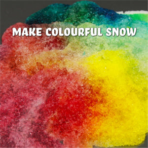 Colorful snow-like material with text 'MAKE COLOURFUL SNOW' on a dark background. Butterfly Edufields Snow Magic Science Kit available at Go Science image 4