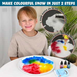 Child making colorful snow with a powder and water mixture, surrounded by plants.Butterfly Edufields Snow Magic Science Kit available at Go Science image 5