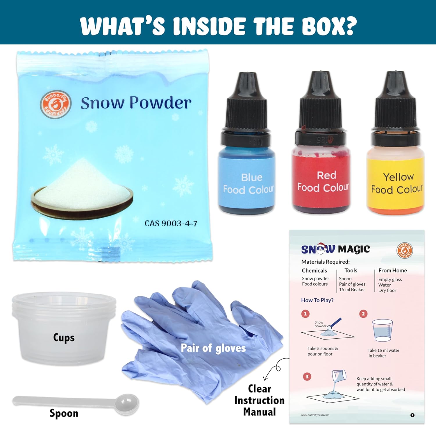 Snow magic kit with snow powder, food colors, cups, gloves, spoon, and instruction manual on a white background. Butterfly Edufields Snow Magic Science Kit available at Go Science image 6