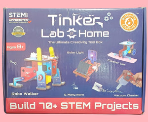Tinker Lab @ Home educational tool box packaging with various project illustrations on a blue background. Butterfly Edufields Tinker Lab at Home at Go Science Product Image 01