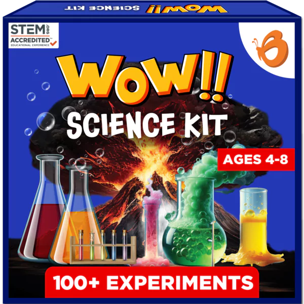 Box of a 'Wow Science Kit' with colorful experiment images and text on a blue background. Butterfly Edufields_WOW_Science_Kt_at_Go_Science_product image 1