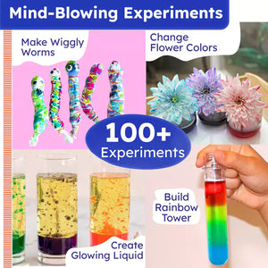 Promotional image for a science experiment kit with colorful text and images of experiments. Butterfly Edufields_WOW_Science_Kt_at_Go_Science_product image 2