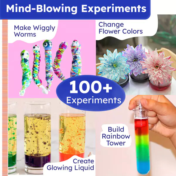 Promotional image for a science experiment kit with colorful text and images of experiments. Butterfly Edufields_WOW_Science_Kt_at_Go_Science_product image 2