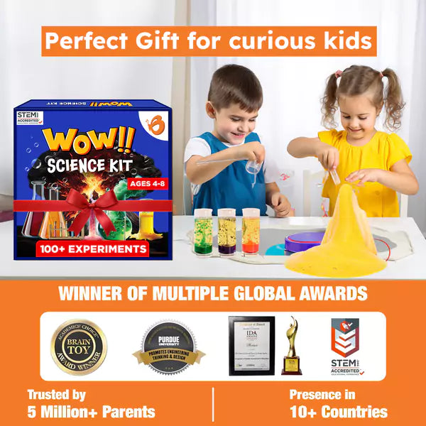 Children playing with a science kit, with the product box prominently displayed. Butterfly Edufields_WOW_Science_Kt_at_Go_Science_product image 7