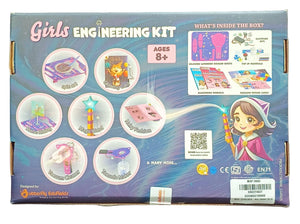 Box of a 'Girls Engineering Kit' with various illustrations and text on a dark background