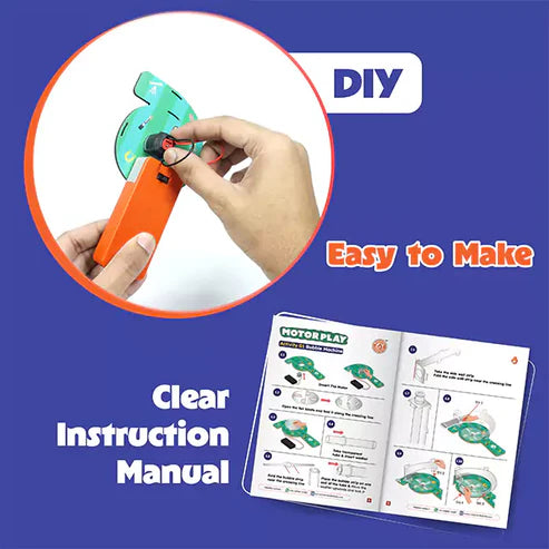 Hand holding a colorful toy with an inset showing close-up, and a clear instruction manual on a blue background. Butterfly edufields_4_in_1_Motor_Play_at_Go_Science_Product_image_12