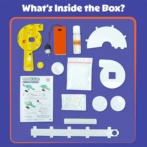 Educational kit components on a blue background with text 'What's Inside the Box?' Butterfly edufields_4_in_1_Motor_Play_at_Go_Science_Product_image_14