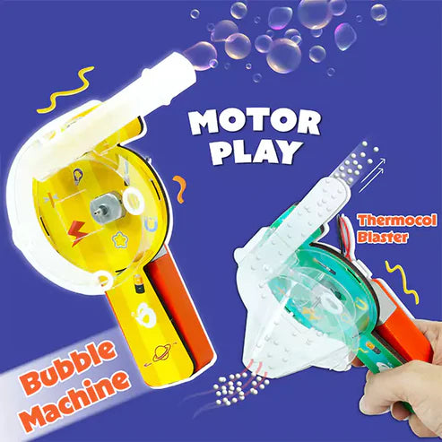 Two bubble machines labeled 'Bubble Machine' and 'Thermocat Blaster' on a blue background with bubbles. Butterfly_4_in_1_Motor_Play_at_Go_Science_Product_image_7