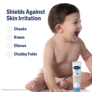 Baby sitting on a white surface with a tube of Cetaphil baby cream and text about skin irritation protection. Cetaphil Baby Advanced Protection Cream 85g go littles product image 6