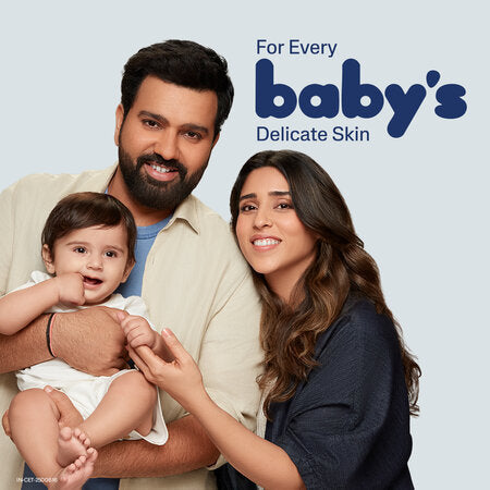 Family with a baby on a light blue background with 'For Every Baby's Delicate Skin' text. Cetaphil Baby Daily Lotion with Organic Calendula go littles product image 