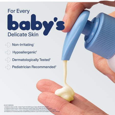 Baby lotion being applied to a hand with product details on a light gray background. Cetaphil Baby Daily Lotion with Organic Calendula go littles product image 6