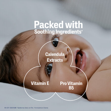 Baby lying down with text highlighting soothing ingredients like Calendula Extracts, Vitamin E, and Pro Vitamin B5. Cetaphil Baby Diaper Rash Cream 70g go littles product main image 4