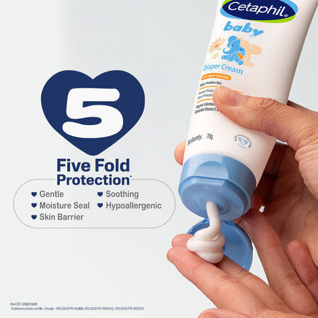 Cetaphil baby diaper cream being applied with five-fold protection text displayed. Cetaphil Baby Diaper Rash Cream 70g go littles product main image 5