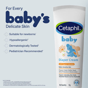 Cetaphil baby diaper cream packaging with product details on a light blue background. Cetaphil Baby Diaper Rash Cream 70g go littles product main image 7