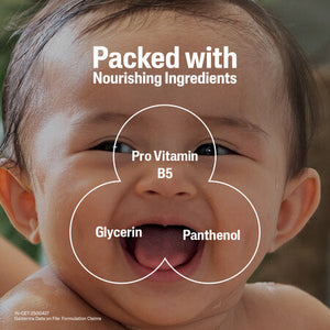 Baby's face with labeled nourishing ingredients on a blurred natural background. Cetaphil Baby Gentle Wash & Shampoo 230 ml go littles product image 4