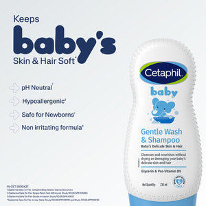 Cetaphil baby gentle wash and shampoo bottle on a light blue background with product features listed. Cetaphil Baby Gentle Wash & Shampoo 230 ml go littles product image 5