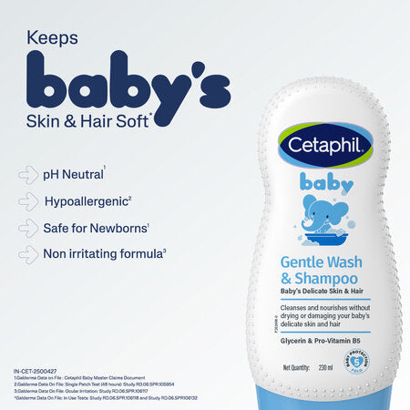 Cetaphil baby gentle wash and shampoo bottle on a light blue background with product features listed. Cetaphil Baby Gentle Wash & Shampoo 230 ml go littles product image 5
